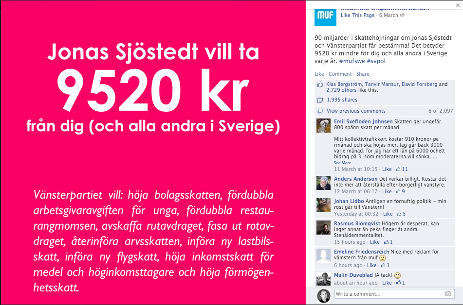 Skärmdump från Facebookinlägget från Moderata Ungdomsförbundet med budskapet att 90 miljarder i skattehöjningar om Jonas Sjöstedt och Vänsterpartiet får bestämma. Det betyder 9520 kr mindre för dig och alla andra i Sverige varje år enligt MUF. 