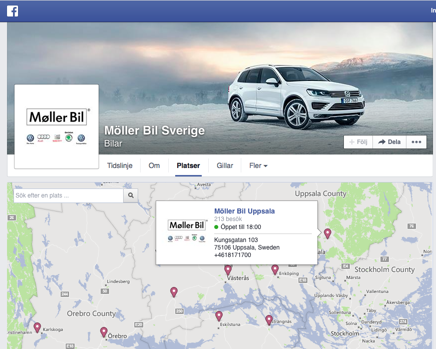 En skärmdump av kartan på Facebookplatser för Möller Bil i Sverige