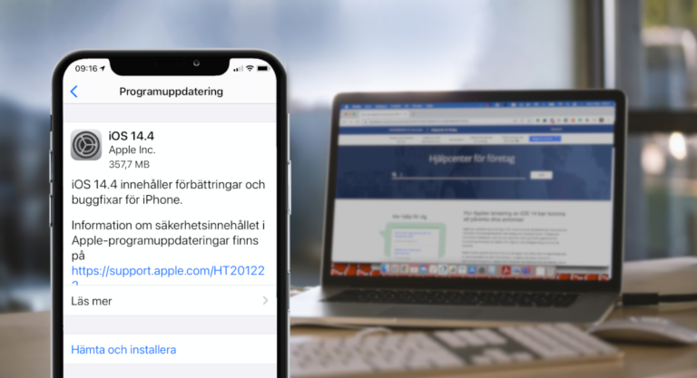iphone som ska uppdateras till ios 14.4 och dator i bakgrunden med Facebook Business manager